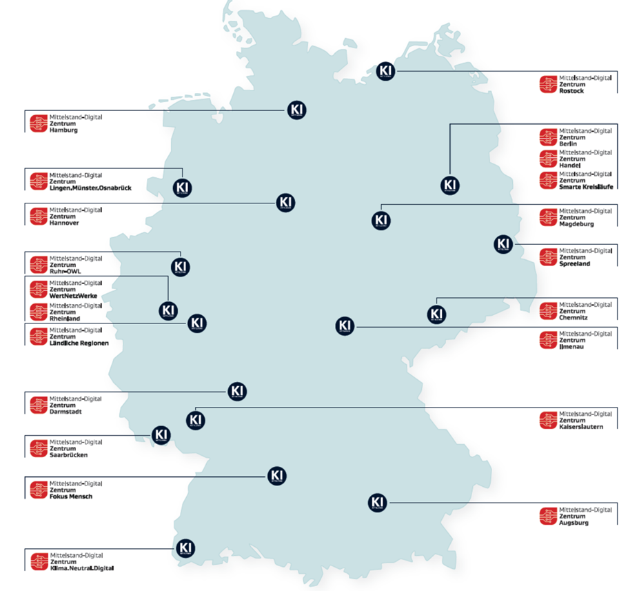 Deutschland-Karte: Kompetenzzentren mit KI-Trainern